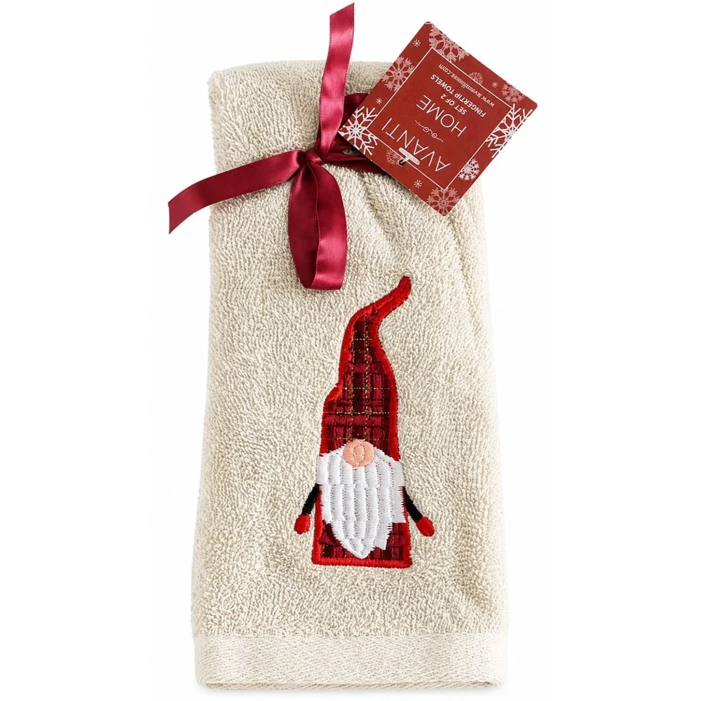 Avanti Christmas Gnome Fingertip Towels Set of 2 Beige Embroidered Holiday Bath